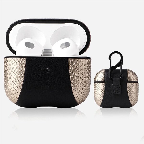 For AirPods 3rd Gen Case, PU Leather Snakeskin Texture, Protective Cover, Buckle, Gold