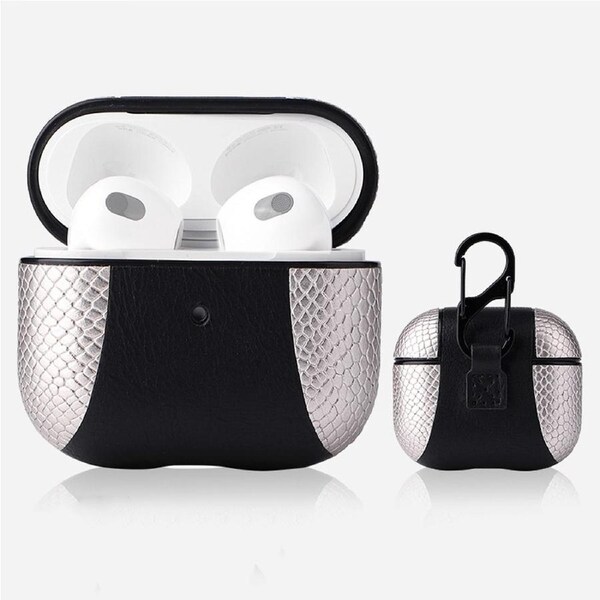 For AirPods 3rd Gen Case, PU Leather Snakeskin Texture, Protective Cover, Buckle, Silver