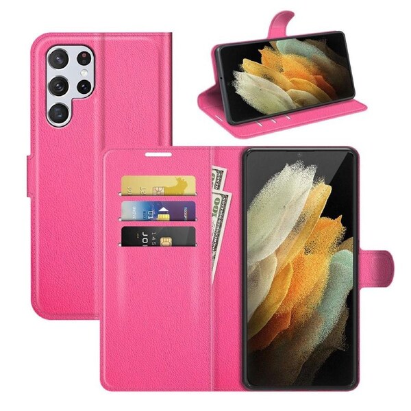 For Samsung Galaxy S22 Ultra 5G Case, PU Leather Folio Wallet Lychee Cover, Rose Red