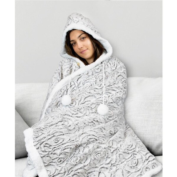 Ardor Faux Fur Snuggle Super Soft Hooded Blanket- Roses Grey