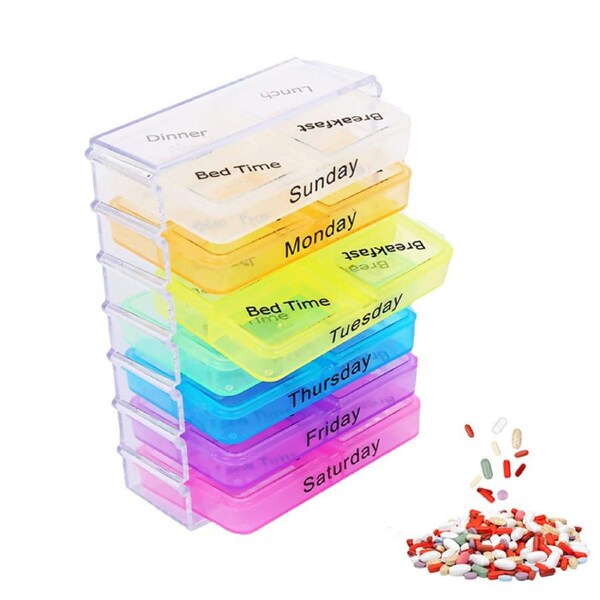 OZNALA 7-Day Pill Box Dispenser Medicine Tablet AM/PM Medication Organiser Storage Weekly Travel Case 28 Slot - Rainbow