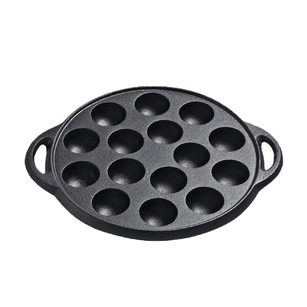 OZNALA 15 Dimple Takoyaki Pan Cast Iron NonStick Poffertjes Mini Dutch Pancake Cake Pan Ball Maker Round with Handle Black