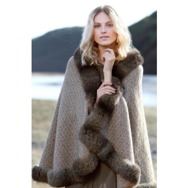 McDonald Possum Merino Womens Cable Cape With Fur - Mocha