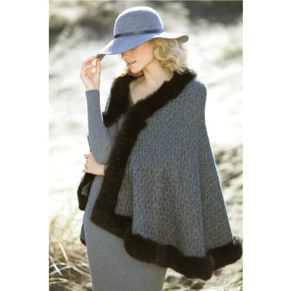 McDonald Possum Merino Womens Cable Cape With Fur - Pewter