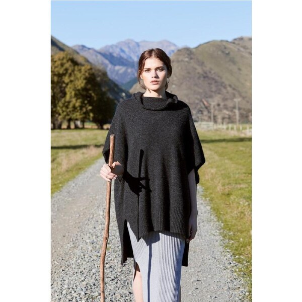 McDonald Possum Merino Step Hem Poncho-Charcoal