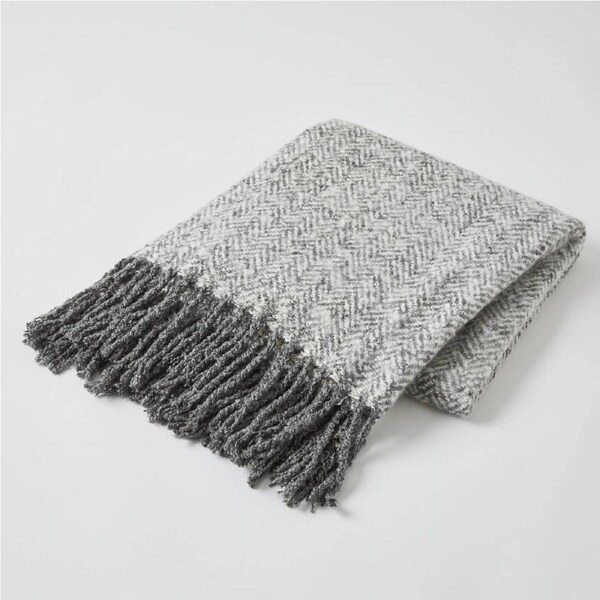 Inner Spirit Herringbone Super Soft Acrylic Fringe Throw - Grey
