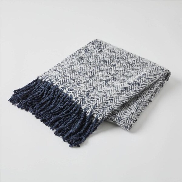 Inner Spirit Herringbone Super Soft Acrylic Fringe Throw -Navy