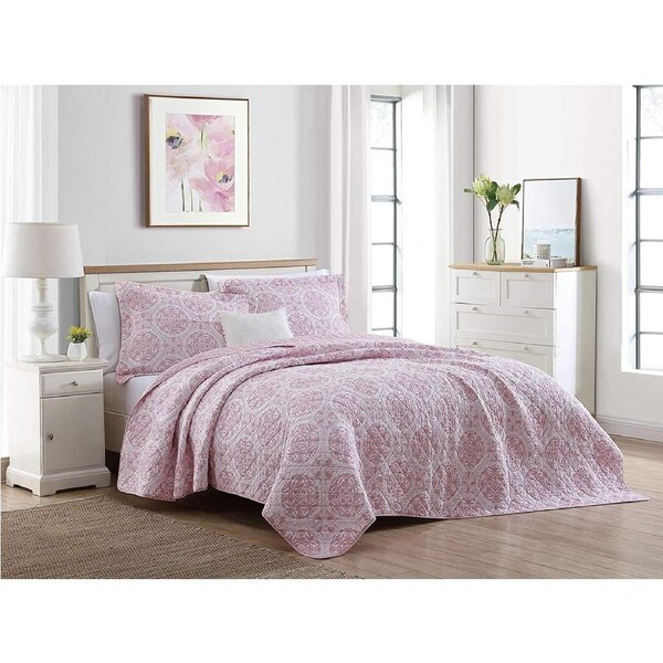 Laura Ashley Ayla Printed Queen/King Coverlet Set -Dusted Rose