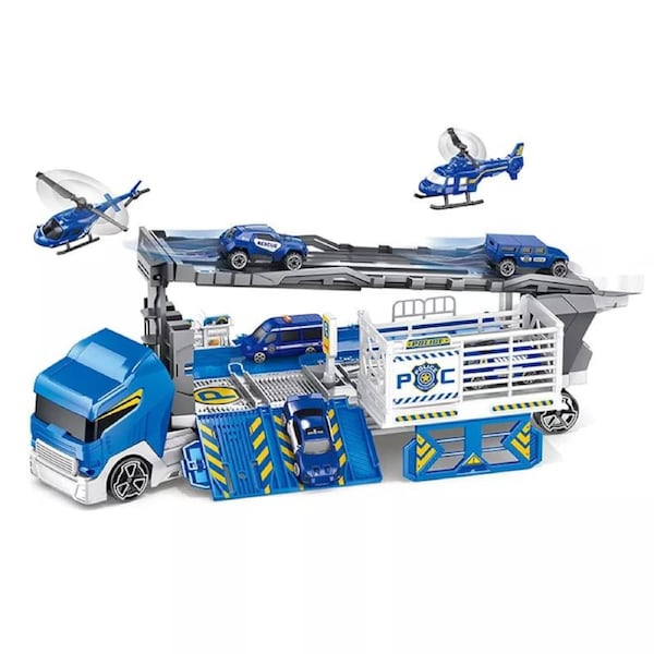 Large Blue Container Truck Toy Set with Helicopter & Cars for Kids 5+