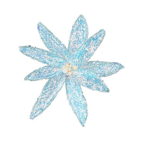 26cm Turquoise Poinsettia With Iridescent Sequins Christmas Tree Clip Pick