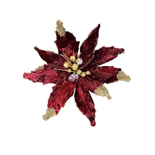 26cm Burgundy & Gold Poinsettia Flower Christmas Tree Clip Pick