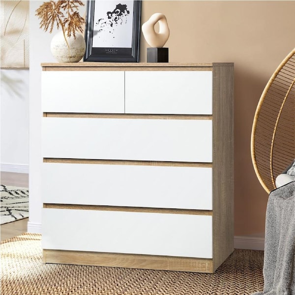 Oikiture 5 Chest of Drawers Tallboy Dresser Table Storage Cabinet Wooden White