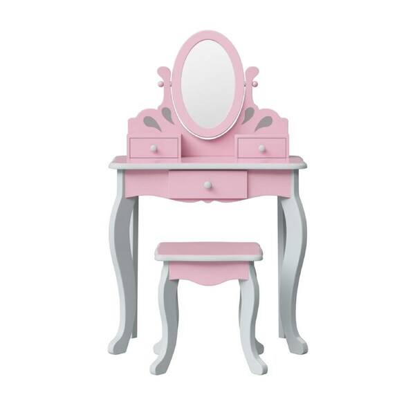 Teamson Kids Rapunzel Kids Play Vanity Table Set with Stool, Pink/Grey