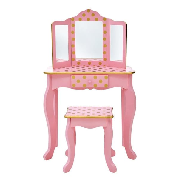 Teamson Kids Gisele Polka Dot Kids Play Vanity Table Set with Stool, Pink/Gold