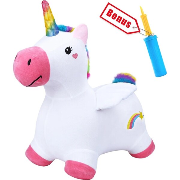 Bouncy Pals Inflatable Ride-On Plush Unicorn w/ Pump Toddler Riding Toy 18m+