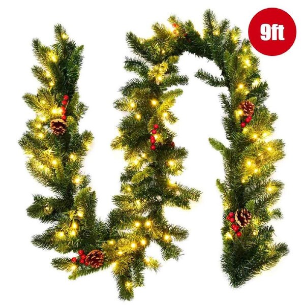 Costway 2.7m Christmas Garland 200 Tips Xmas Wreath w/Berries & 100 LED Lights Home Decor