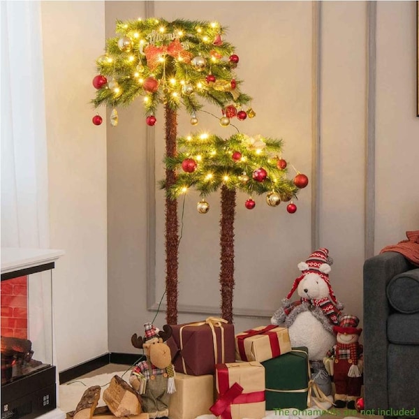 Costway 1.5+1m Christmas Tree 2in1 Artificial Palm Tree 100LEDs 84Tips Xmas Decoration w/Pine Needles 2 Pairs of Gloves Holiday Home Decor