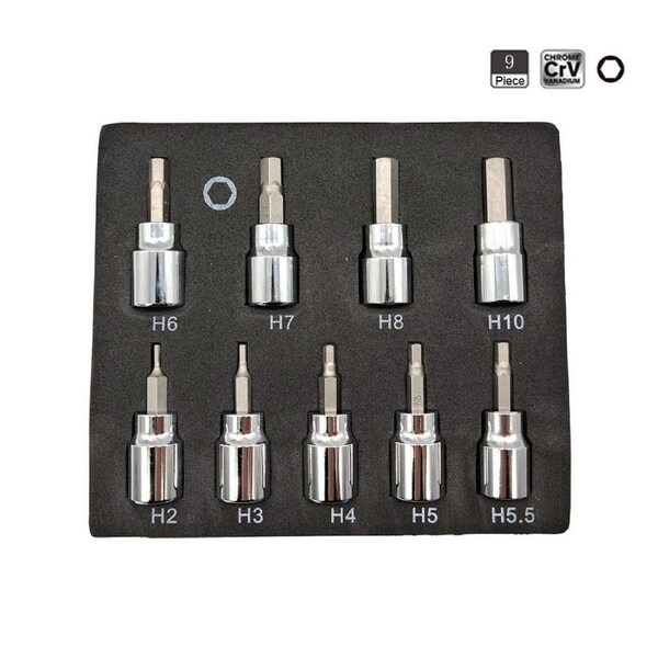 9 pcs Allen Key Hex Bit Socket H2 H3 H4 H5 H5.5 H6 H7 H8 H10 Chrome Vanadium Steel 3/8"