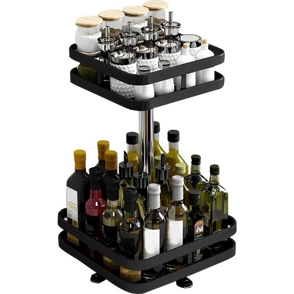 SOGA 2 Tier Steel Black Square Rotating Multi-Function Kitchen Portable Storage Spice Seasoning Kitchen Countertop Organiser Shelf