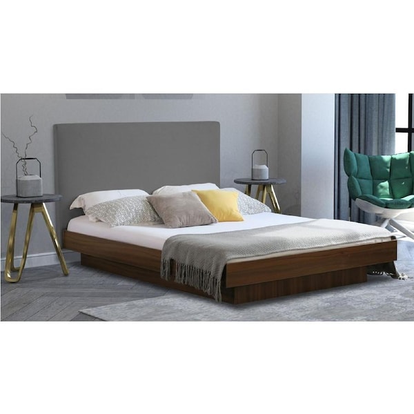 Modern Classic Cecilion King Fabric Bed Frame Grey Fabric Floating Walnut Frame