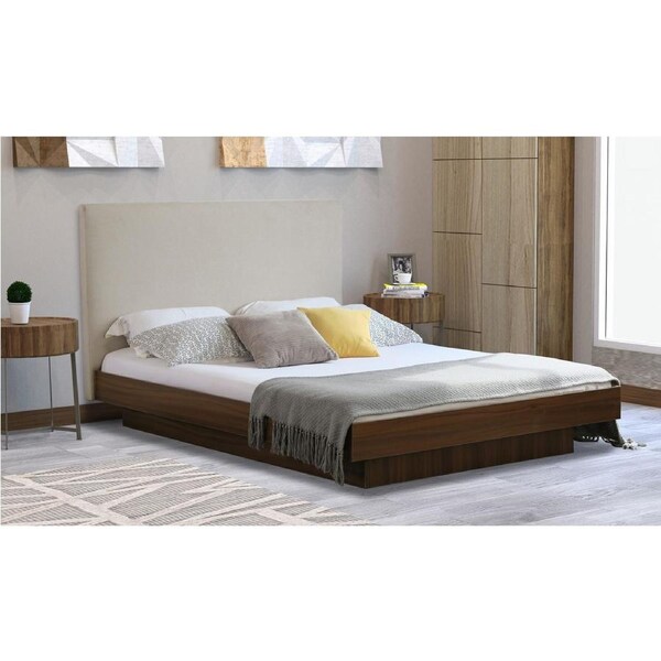 Modern Classic Cecilion Double Fabric Bed Frame Beige White Oak Fabric Floating Walnut Frame