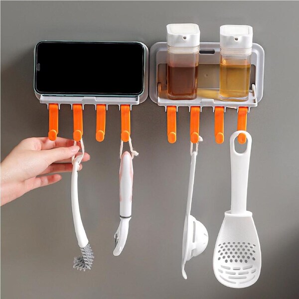 2Pcs Multifunctional punch-free strong hook wall-mounted storage rack-Gray&Orange