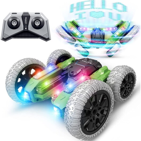 Light Up RC Stunt Car 4WD Remote Control Car 360 Flips Double-Sided Rotating Car Kids Indoor Outdoor Toys Gift Green