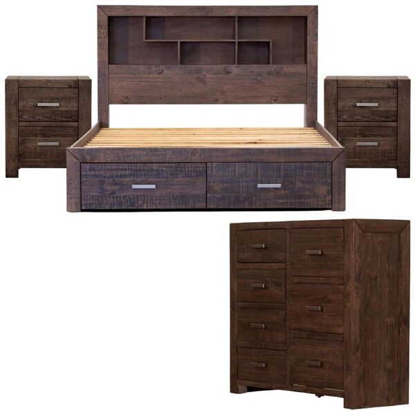 Catmint 4pc Queen Bed Suite Bedside Tallboy Bedroom Furniture Package Grey Stone