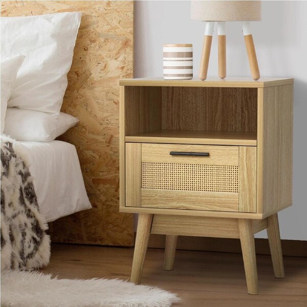 Artiss Bedside Table Rattan 1 Drawer with Shelf Nightstand - REI Oak