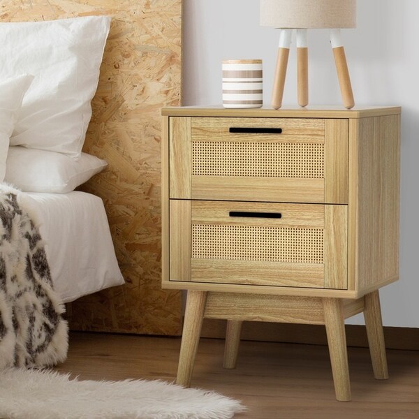 Artiss Bedside Table 2 Drawers Rattan Side Table Oak