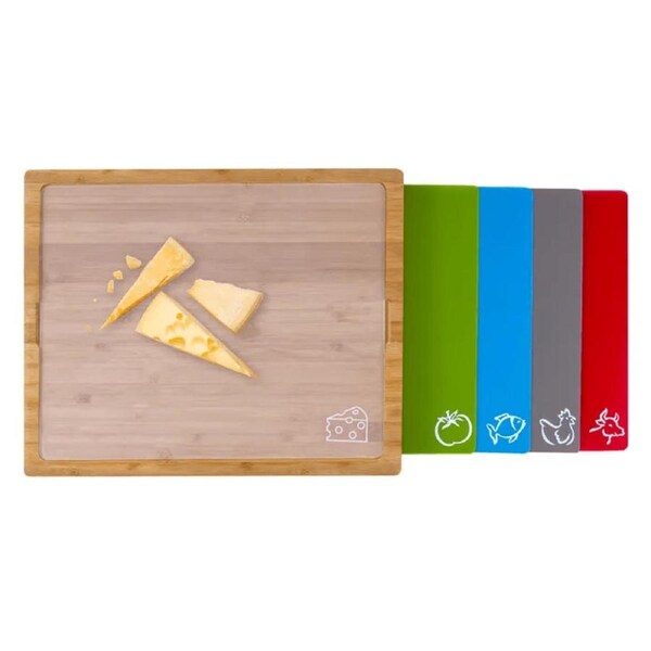 Bamboo Chopping Board with set of 5 Color-Coded Flexible Cutting Mats