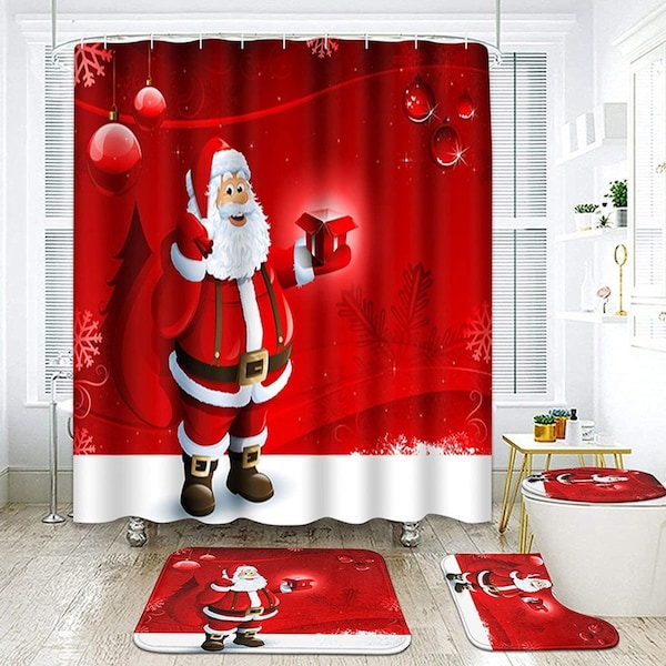 4 Pcs Shower Curtain Set Christmas Santa Rug Toilet Lid Cover Bathroom Decor Set