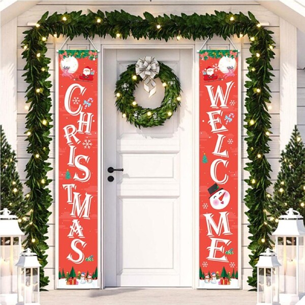 1 Pair Christmas Door Hanging Banners Christmas Welcome Banner Door Decorations