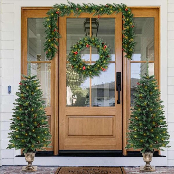 Artificial Christmas Trees 2 pcs with Wreath, Garland and LEDs vidaXL
