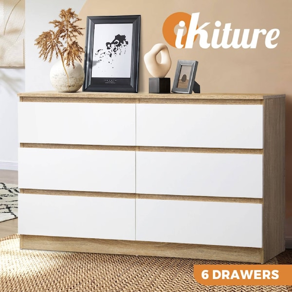Oikiture 6 Chest of Drawers Tallboy Cabinet Dresser Table Wooden White Furniture