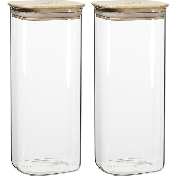 2x Ecology Glass 1.9L/25.5cm Pantry Square Canister Container w/Bamboo Lid Clear