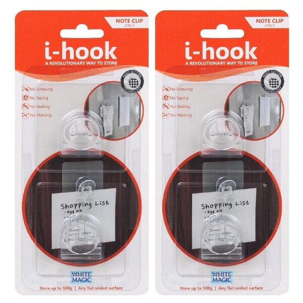 2x 2pc I-Hook Multi-Surface Wall Adhesive 6.8x2cm Memo Note Clip/Message Holder