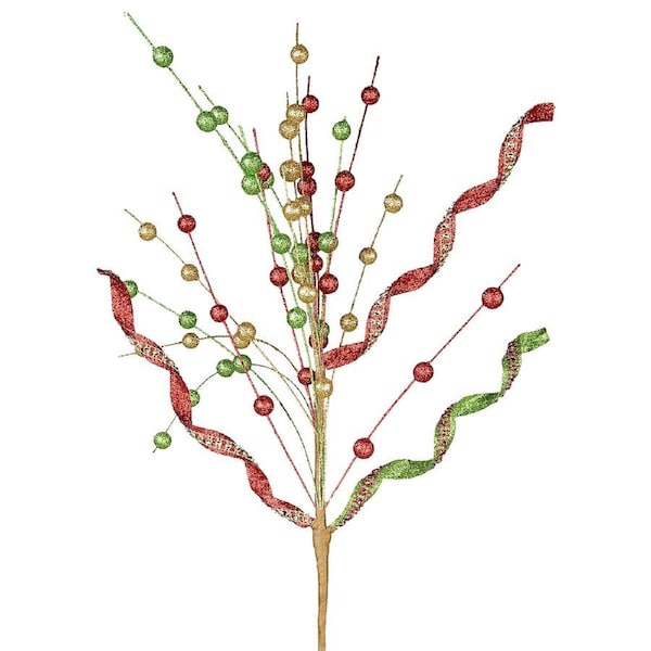 72cm Red, Green & Gold Glitter Balls & Curls Spray Long Christmas Stem