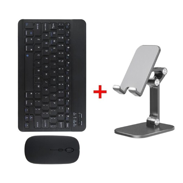 Gift Pack - Bluetooth Slim Wireless Keyboard & Mouse Combo + Folding Phone/Tablet Desktop Holder, Black