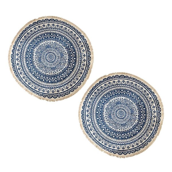 SOGA 2X Dark Blue Carpet Soft Linen Bohemian Non-Slip Floor Retro Minimalist Round Rug Home Decor with Tassels