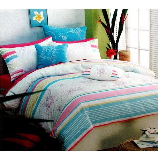 5 Pce 250TC Yarn Dyed Palila Aqua Quilt Cover Set + 2 European Pillowcases Queen