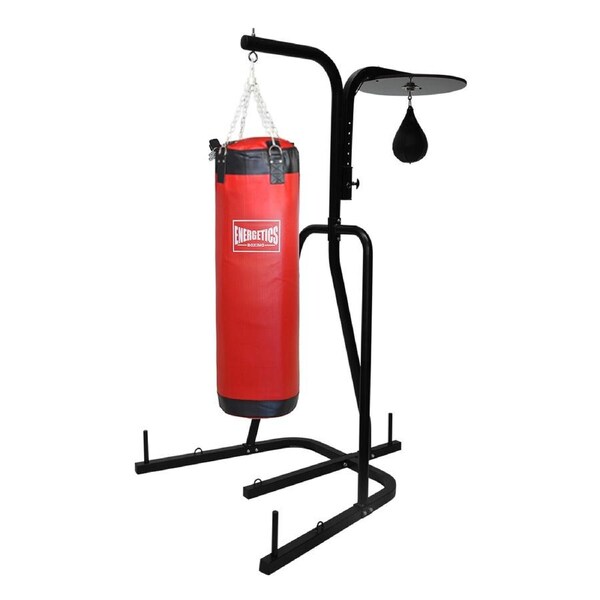 2 Way Boxing Bag Stand Black Rack - 40kg Red Punching Bag + Speed Ball