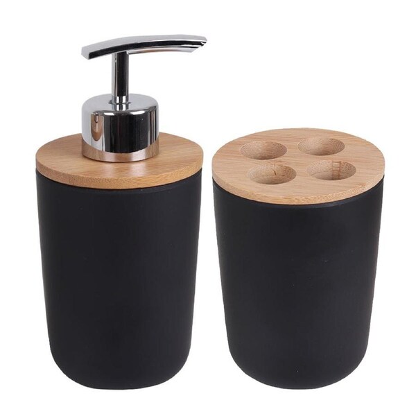 Eco Basics Bathroom Bamboo Toothbrush Caddy/Holder & Soap Pump Bottle Set Black
