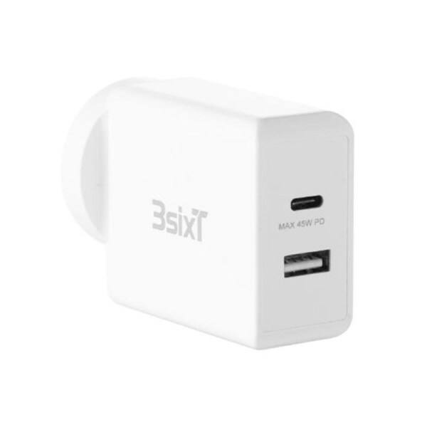 3sixT 45W Wall Charger AU/NZ Plug Dual Port USB-C 2.4A For iPhone/Samsung White