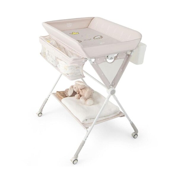 Giantex Foldable Baby Changing Table w/ Wheels Diaper Changing Station 3 Adjustable Heights Nursery Organizer, Beige