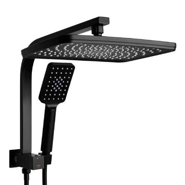 Black Bath 12'' Rectangle Rainfall Shower Head 3-Mode Handheld Set Gooseneck Arm Wall Rail Diverter WELS