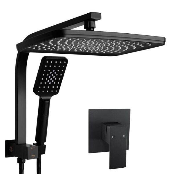 Black Bath 12'' Rectangle Rainfall Shower Head 3-Mode Handheld Set Gooseneck Arm Wall Rail Diverter With Mixer Tap WELS