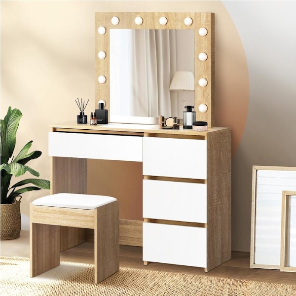 Oikiture Dressing Table Stool Set Makeup Desk Mirror Storage Drawer 12 LED Bulbs
