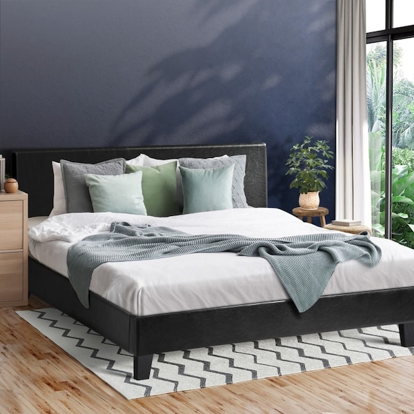 Oikiture Bed Frame Double Size With Headboard Black LEATHER