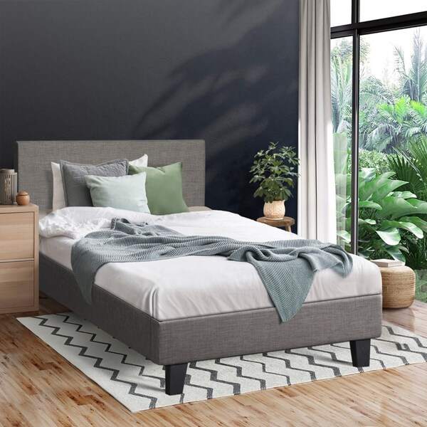 Oikiture Bed Frame Upholstered Bed King Single Size with Headboard Grey Fabric